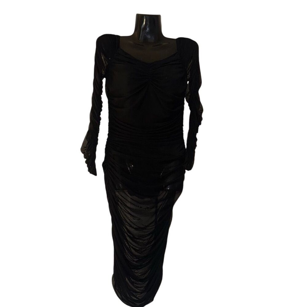 Hot Miami Styles Black Ruched Mesh Long Sleeve Bodysuit Midi Dress Slim Fitโ